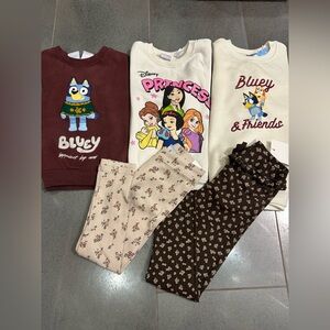 Zara 5/6 6 New Used Disney Princess Bluey Floral Leggings Bundle Belle Mulan